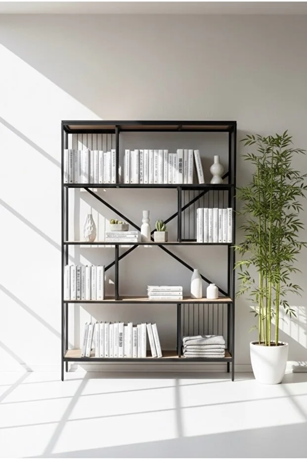 Dekoratif Lüx 5 Raflı Kitaplık Geniş Metal Kitaplık Dosya Rafı Ofis Salon Raf Ceviz